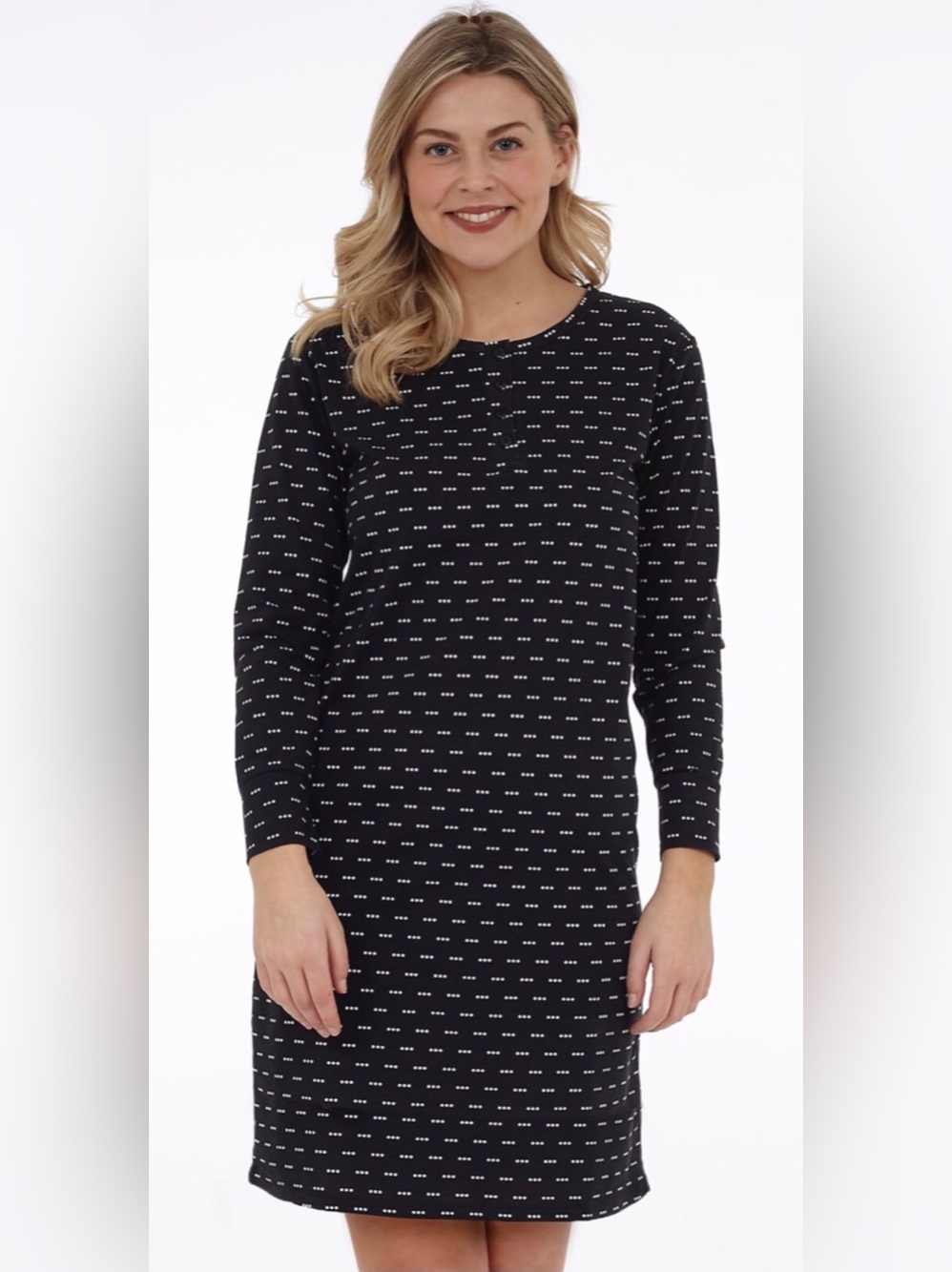 DKR Apparel Long Sleeve Night-shirt-Black Dot